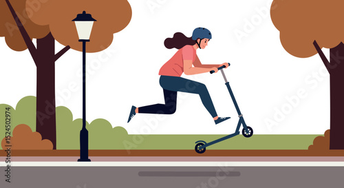 Woman Riding Electric Scooter in Autumn Park Urban Outdoor Activity Scene 