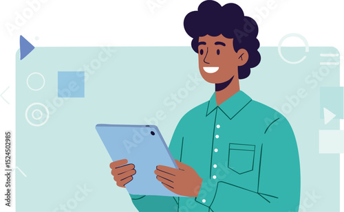 Young man holding tablet technology device digital communication vector illustration 