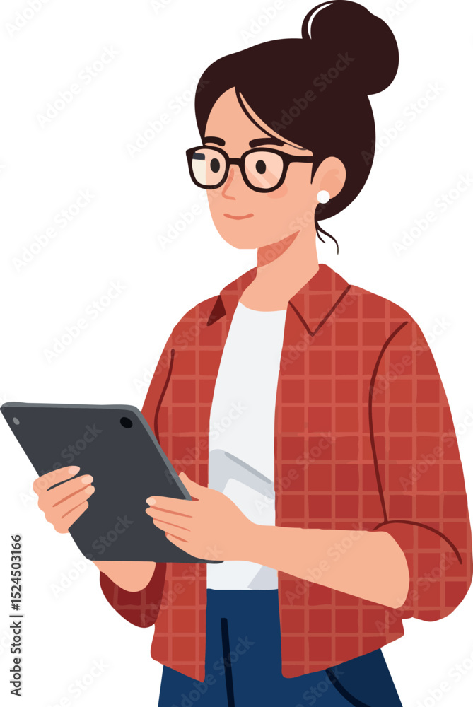 Young woman reading tablet in casual clothes with glasses and bun hairstyle vector illustration Young woman reading tablet in casual clothes with glasses and bun hairstyle vector illustration