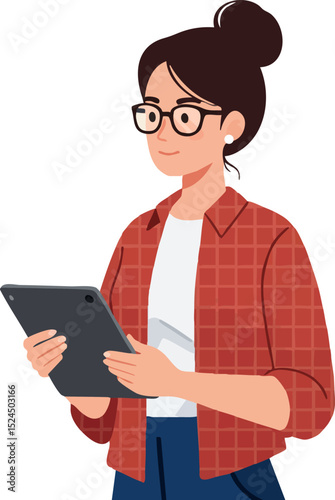 Young woman reading tablet in casual clothes with glasses and bun hairstyle vector illustration 