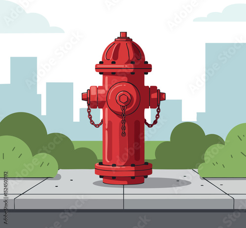 Red Fire Hydrant on Urban Sidewalk with Cityscape Background Vector Illustration 