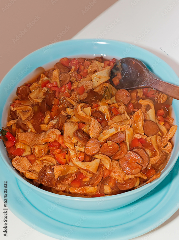 Fototapeta premium Traditional rustic Brazilian food known as dobradinha prepared with beef tripe, white beans and classic seasonings in a rustic setting