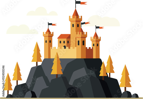 Castle on Rocky Hill with Autumn Trees and Flags in Flat Vector Style 