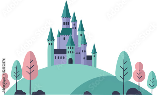 Fantasy castle on hill with pastel trees and whimsical design vector illustration 