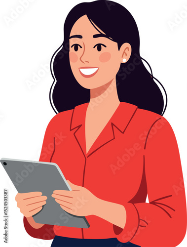 Woman in red shirt holding tablet digital device vector illustration 