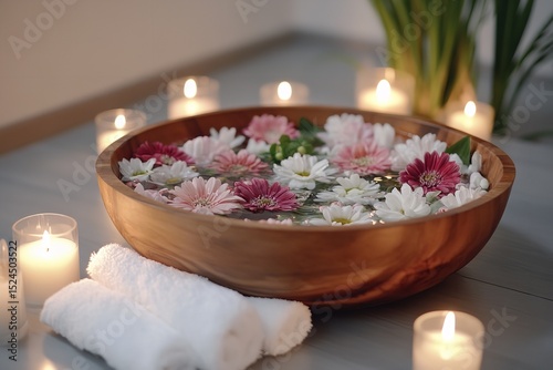 Feet in Floral Water Bath Surrounded by Towels and Candles – Warm and Serene Home Spa Moment