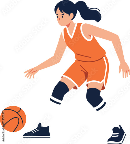Female basketball player dribbling orange ball in sportswear vector illustration 