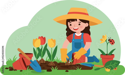 Young girl planting flowers in garden with tulips and ladybug vector illustration 