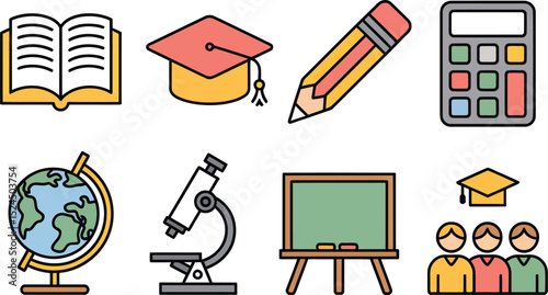 Education icons vector illustration school supplies and learning tools for students study