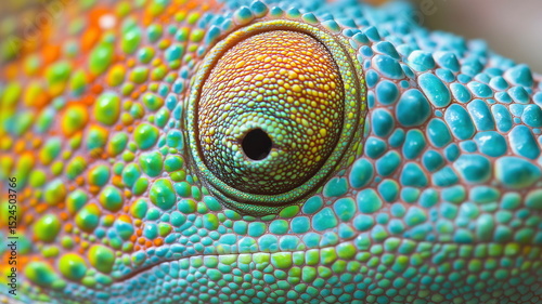 Close-up of a chameleon's iridescent skin with vivid eye detail and intricate scales