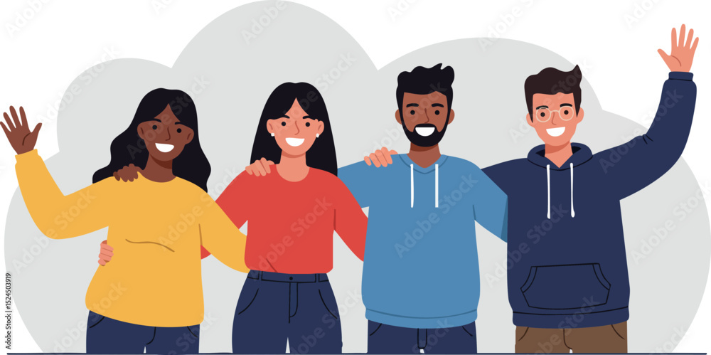 Obraz premium Diverse group of four friends waving and smiling together in casual clothing vector illustration 