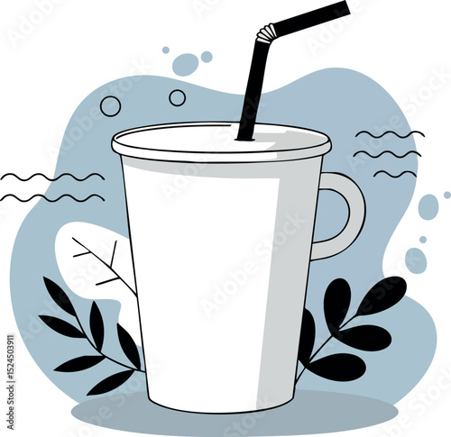 Hot beverage cup with handle and straw vector illustration in black and white style 