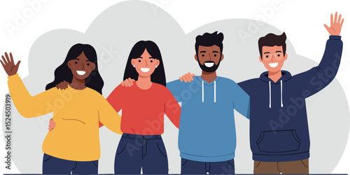 Diverse group of four friends waving and smiling together in casual clothing vector illustration 
