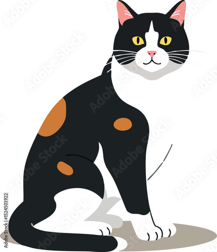 Calico cat sitting with attentive posture and distinct black white orange fur vector illustration 