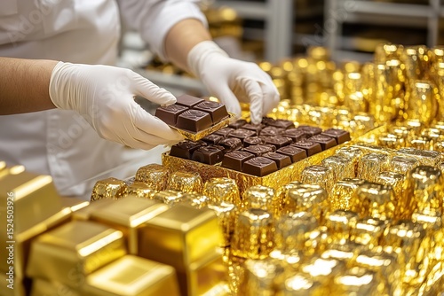 Close-Up of Gold-Plated Chocolate Worker with White Gloves Packing Dark Chocolates into Gold Boxes