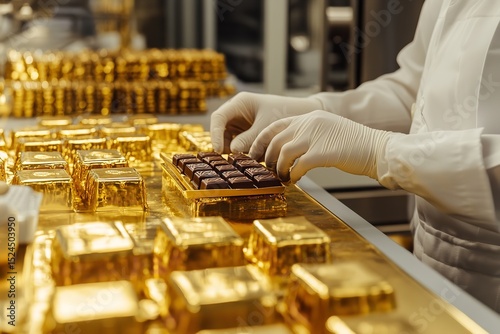 Close-Up of Gold-Plated Chocolate Worker with White Gloves Packing Dark Chocolates into Gold Boxes