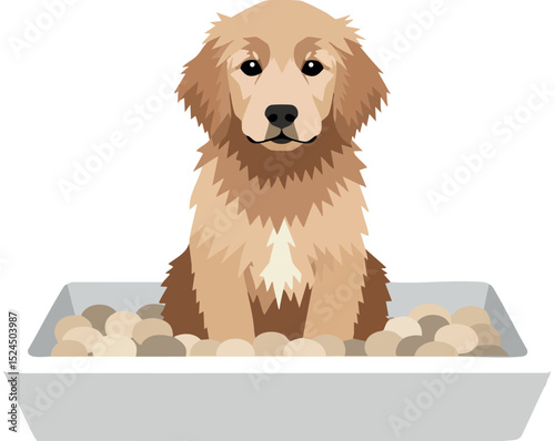 Golden retriever puppy sitting in a dog bed with beige and brown tones vector illustration 