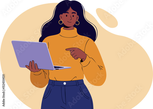 Woman holding laptop pointing at screen in casual outfit vector illustration 