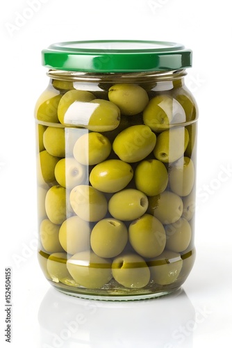Fresh Green Olives in Glass Jar with Green Lid on White Background, 8K