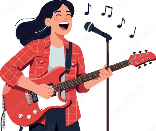 Female musician singing and playing red electric guitar with microphone vector illustration 