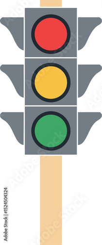 Traffic light with red yellow and green signals on gray pole vector illustration 
