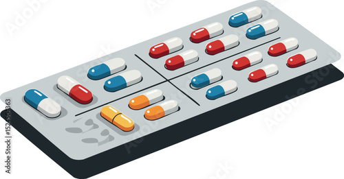 Medicine Capsules in Blister Pack with Red Blue and Orange Colors Vector Illustration 