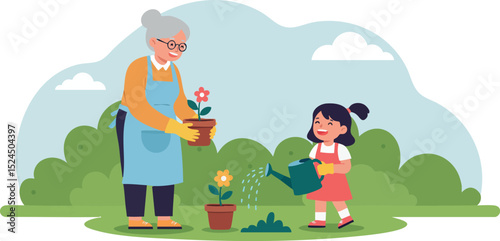 Grandmother and granddaughter gardening together with watering can and flower pot vector illustration 