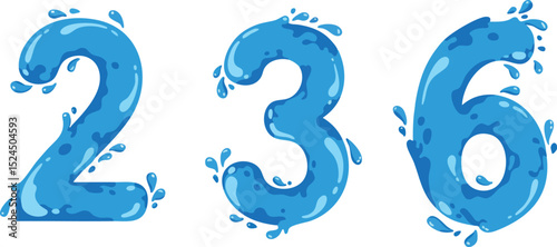 Water Splash Numbers Two Three Six Blue Liquid Style Vector Illustration 