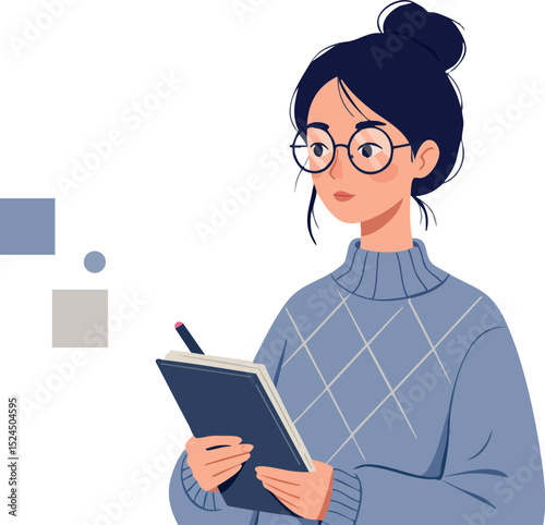 Young woman using tablet digital device in casual sweater vector illustration 