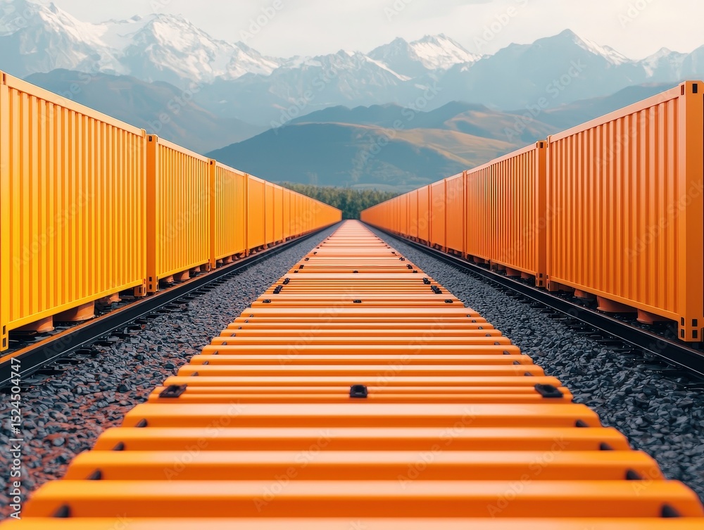 Fototapeta premium Bright orange freight containers line both sides of a railway track, leading toward distant mountains under a clear sky.