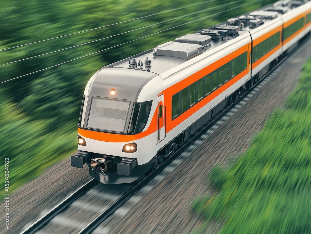 Fototapeta premium A modern passenger train speeds along railway tracks surrounded by lush green foliage.