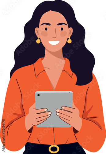 Woman with black hair using tablet device in casual orange shirt vector illustration 