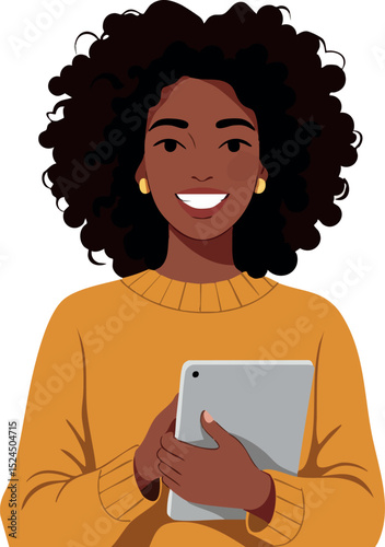 Woman holding tablet digital device smiling in orange sweater vector illustration 
