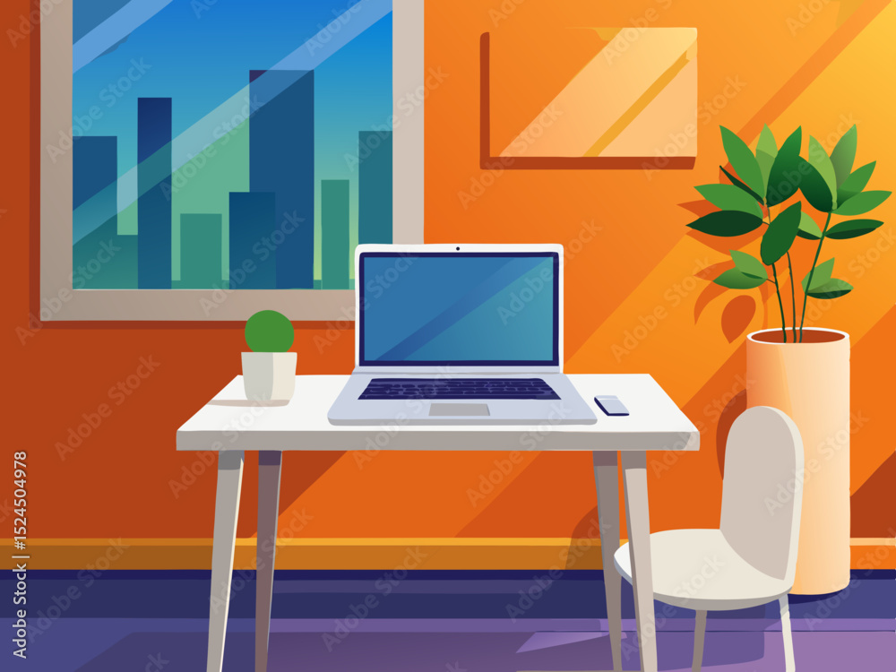 Fototapeta premium vector of A white laptop on a table on an orange wall and a white wall panel in a modern apartment.