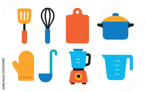 Flat vector icons of kitchen tools: spatula, whisk, cutting board, saucepan, ladle, oven mitt, blender, measuring cup.