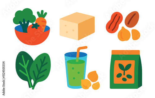 Flat vector icons of plant-based diet: vegetable bowl, tofu block, lentils, nuts, leafy greens, smoothie, chickpeas, seed packet.