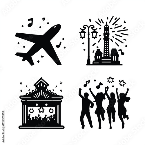 Travel airplane vacation destination concert celebration music vector icons set for design and decoration