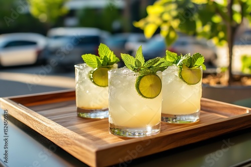 Three Gin Flectic Cocktails Garnished with Lime and Mint on Wooden Tray by Outdoor Bar in Daylight