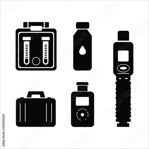 Black and white vector illustration of laboratory equipment for scientific research and analysis