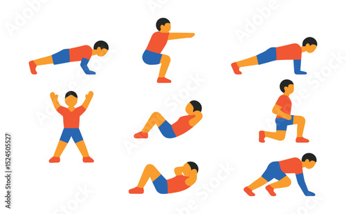 Flat vector icons of home workout exercises: push-up, squat, plank, lunges, jumping jacks, sit-up, burpees, mountain climbers.