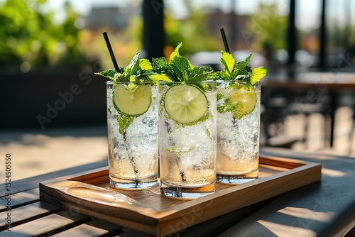 Three Gin Flectic Cocktails Garnished with Lime and Mint on Wooden Tray by Outdoor Bar in Daylight