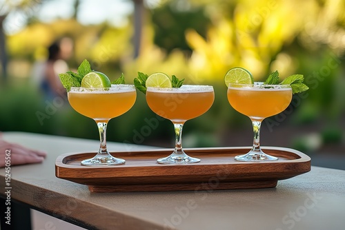 Three Gin Flectic Cocktails Garnished with Lime and Mint on Wooden Tray by Outdoor Bar in Daylight