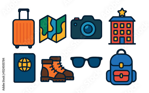 Flat vector icons of weekend getaway essentials: suitcase, travel map, camera, sunglasses, hotel, passport, hiking boots, backpack.