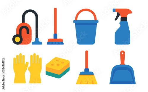 Flat vector icons of home cleaning essentials: vacuum cleaner, mop, bucket, cleaning spray, gloves, sponge, broom, dustpan.