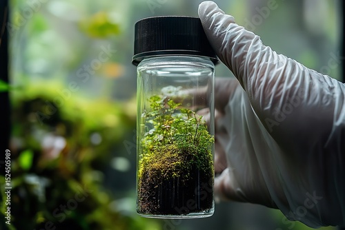 Close-Up of Biodegradable Terrarium with Green Moss in Glass Jar Held by Gloved Hand