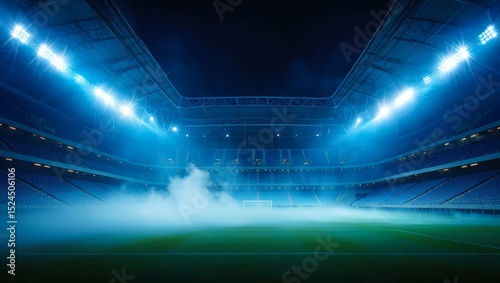 Empty stadium with dramatic lighting and fog on the ground.