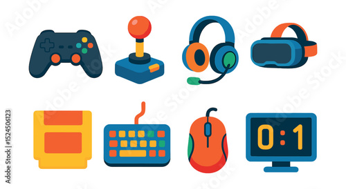 Flat vector icons of gaming essentials: gamepad, joystick, headset, VR headset, game cartridge, keyboard, mouse, scoreboard.