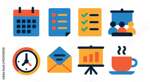 Flat vector icons of office workflow: calendar, task list, checklist, meeting room, deadline, email, presentation, coffee cup.
