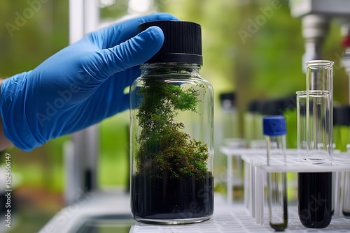 Gloved Hand Holding Glass Jar with Green Moss in Modern Laboratory Setting, Close-Up Focus