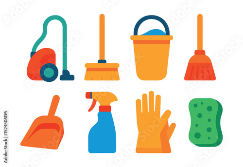 Flat vector icons of home cleaning: vacuum cleaner, mop, bucket, broom, dustpan, cleaning spray, gloves, sponge.